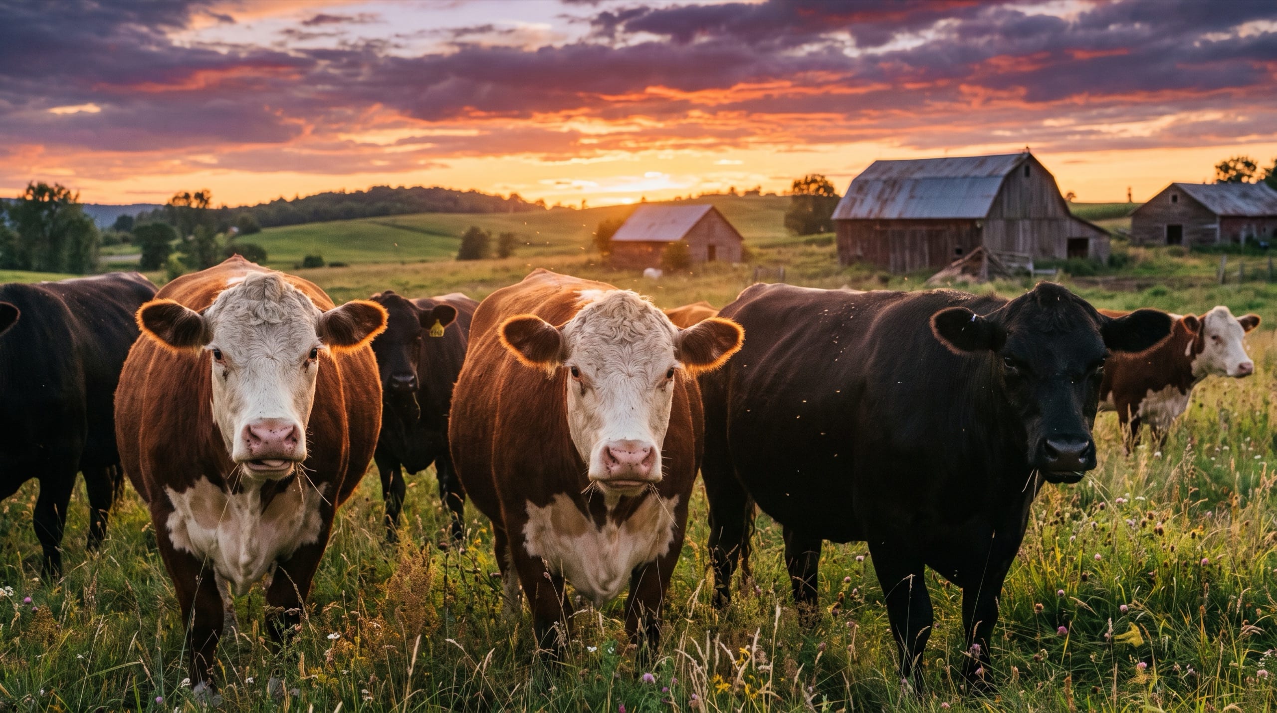 Hereford and black cattle standing in tall pasture grass at sunset, with weathered barns on the ridge behind them